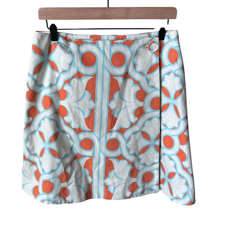 Lesley Evers Geometric Print Midi Skirt Retro Mod Teal Orange White Medium